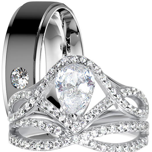 His and hers pear-cut CZ wedding ring set with sterling silver bridal rings and stainless steel men's band on white background