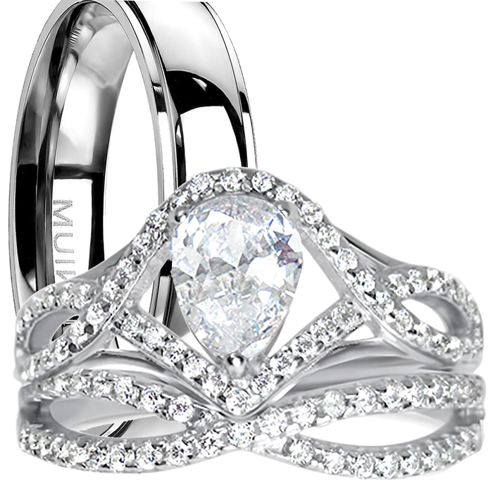 His Her Silver Titanium TRIO Wedding Ring Set