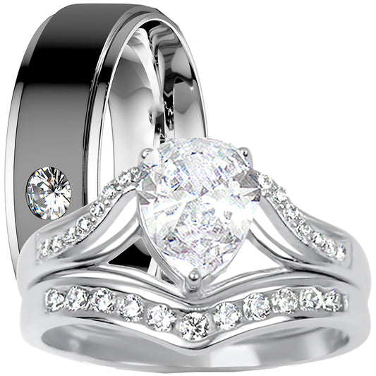 His and hers pear-cut CZ wedding ring set with sterling silver bridal rings and stainless steel men's band on white background