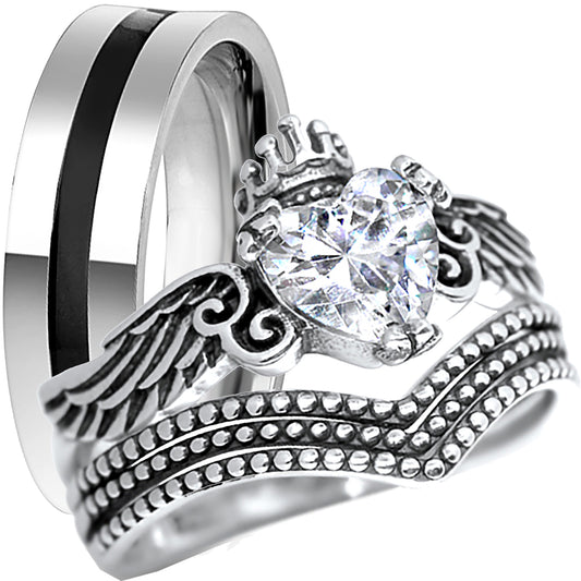 His and hers 3-piece heart-cut CZ wedding ring set with sterling silver bridal rings and stainless steel men's band on white background