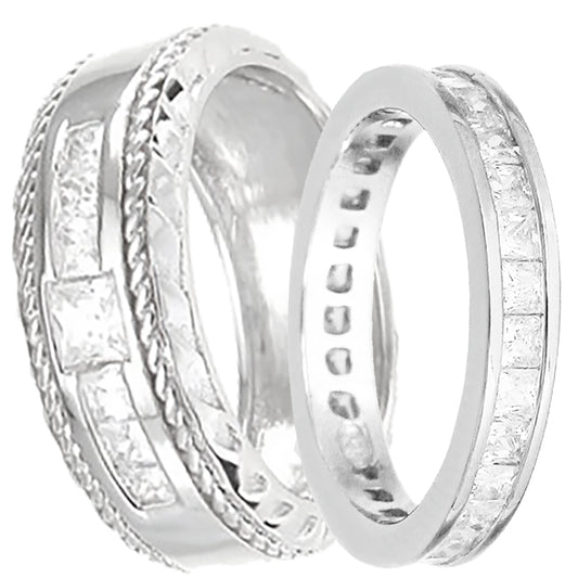 Front view of his and Her Sterling Silver Matching Wedding Band Rings
