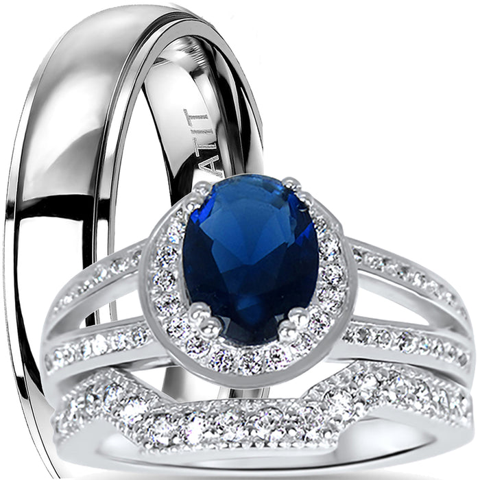 His and Her Simulated Blue Sapphire Sterling Silver Titanium Wedding Ring Set