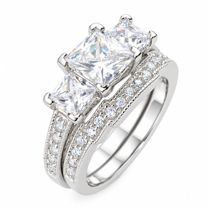 Alternate view of sterling Silver Vintage 3 Stone Wedding and Engagement Ring Set