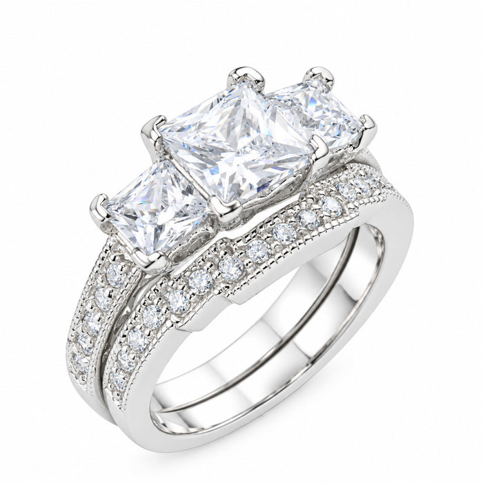 Alternate view of sterling Silver Vintage 3 Stone Wedding and Engagement Ring Set