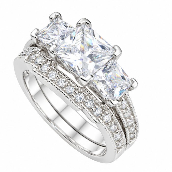 Alternate view of sterling Silver Vintage 3 Stone Wedding and Engagement Ring Set