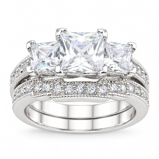 Sterling Silver Vintage 3 Stone Wedding & Engagement Ring Set