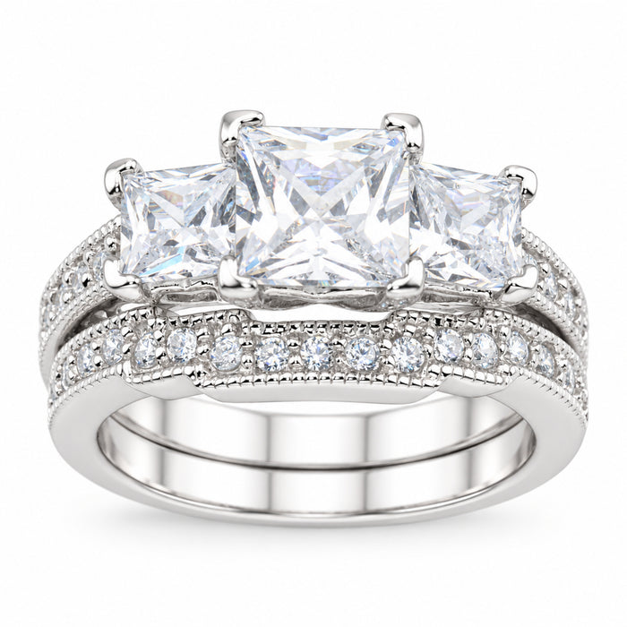 Sterling Silver Vintage 3 Stone Wedding & Engagement Ring Set