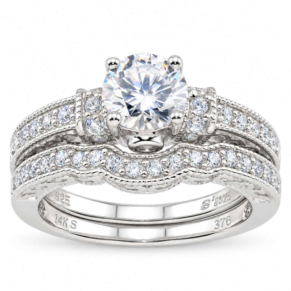 Sterling Silver Vintage Solitaire Wedding & Engagement Ring Set - Size 7
