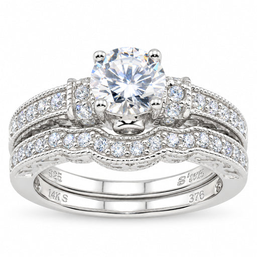 Sterling Silver Vintage Solitaire Wedding & Engagement Ring Set - Size 7