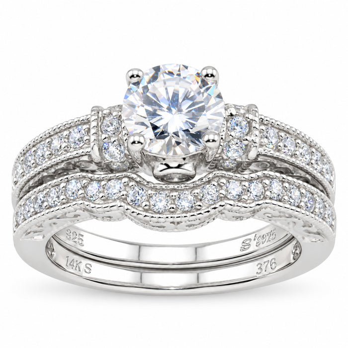 Sterling Silver Vintage Solitaire Wedding & Engagement Ring Set - Size 7