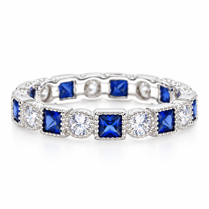 Sterling Silver Blue White CZ Wedding Band Ring for Women