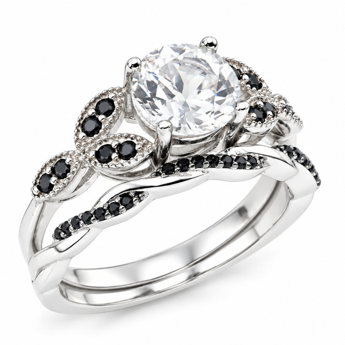 Black White Sterling Silver Wedding & Engagement Ring Set for Women