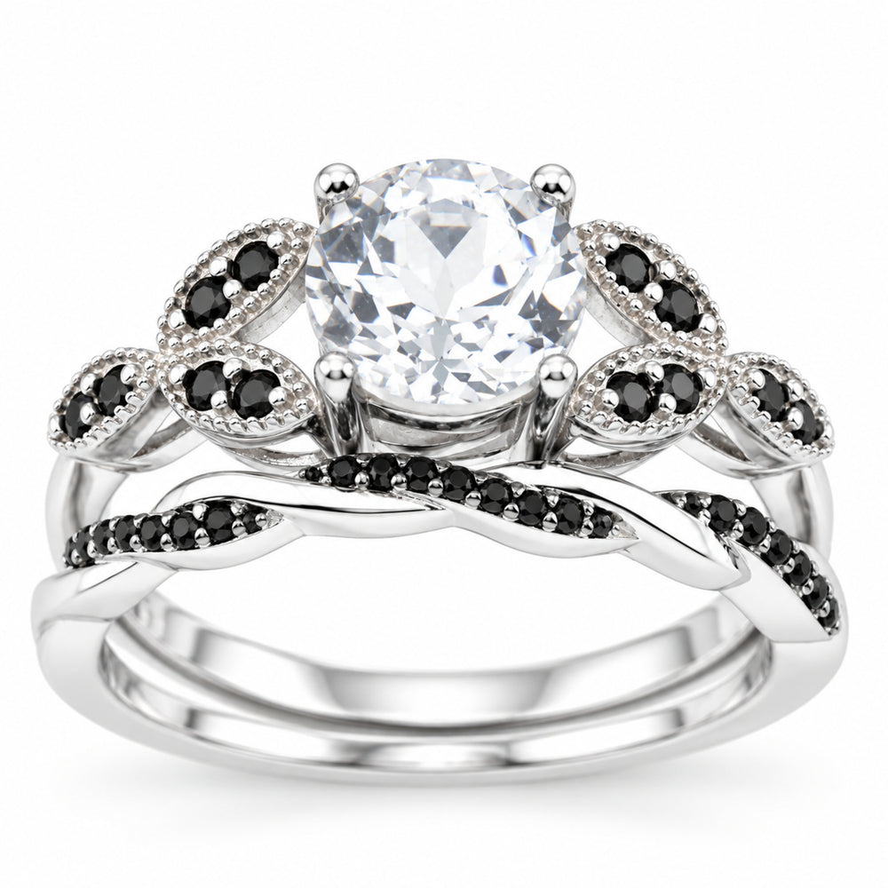 Black White Sterling Silver Wedding & Engagement Ring Set for Women