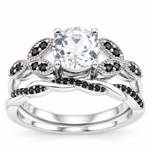 Black White Sterling Silver Wedding & Engagement Ring Set for Women