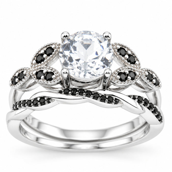 Black White Sterling Silver Wedding & Engagement Ring Set for Women