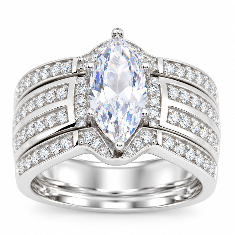 Sterling Silver Marquise TRIO CZ Wedding Engagement Ring Set - Size 8 Only