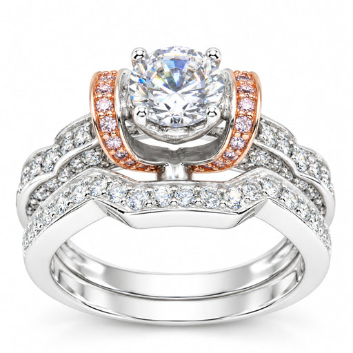 Vintage CZ Silver Rose Gold Plated Wedding Engagement Ring Set for Women Size 6