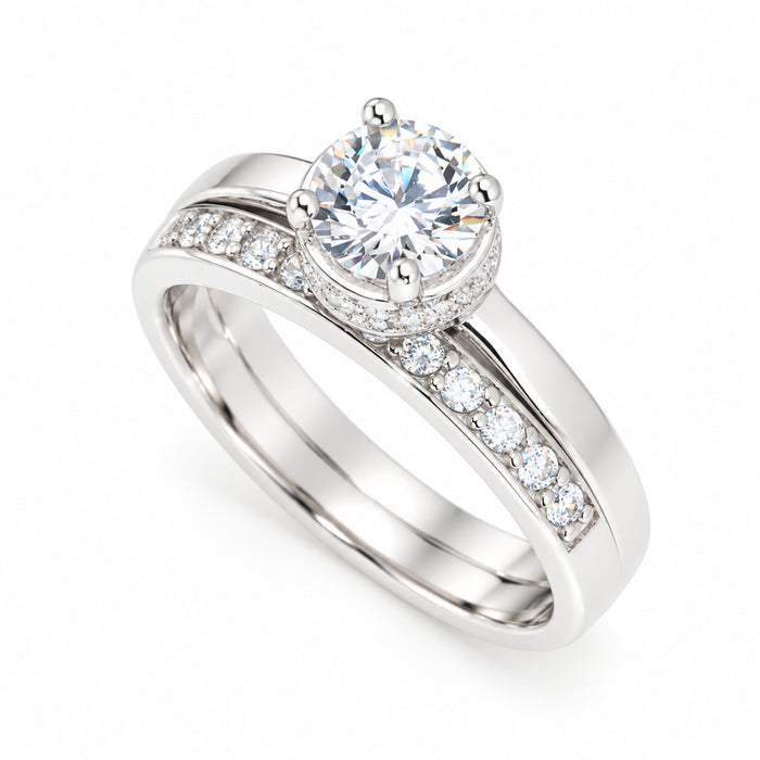 1 Carat CZ Solitaire Hidden Halo Silver Wedding Engagement Ring Set Size 9