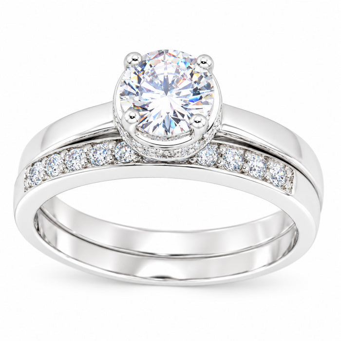 1 Carat CZ Solitaire Hidden Halo Silver Wedding Engagement Ring Set Size 9