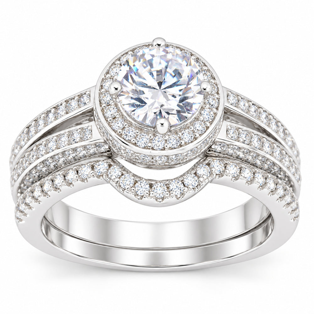 1 Carat Vintage Halo Silver Wedding Engagement Ring Set Size 7