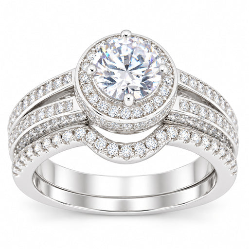 Front view of 1 Carat Vintage Halo Silver Wedding and Engagement Ring Set