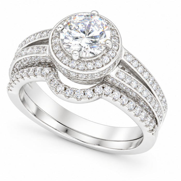1 Carat Vintage Halo Silver Wedding Engagement Ring Set Size 7