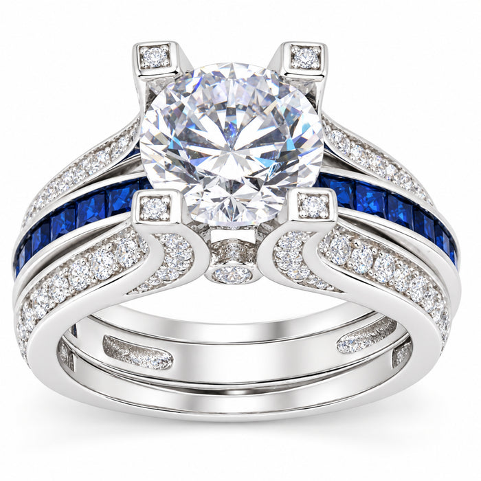 2 Carat Round Solitaire White Blue CZ Vintage Silver CZ Wedding Engagement Ring Set Size 7