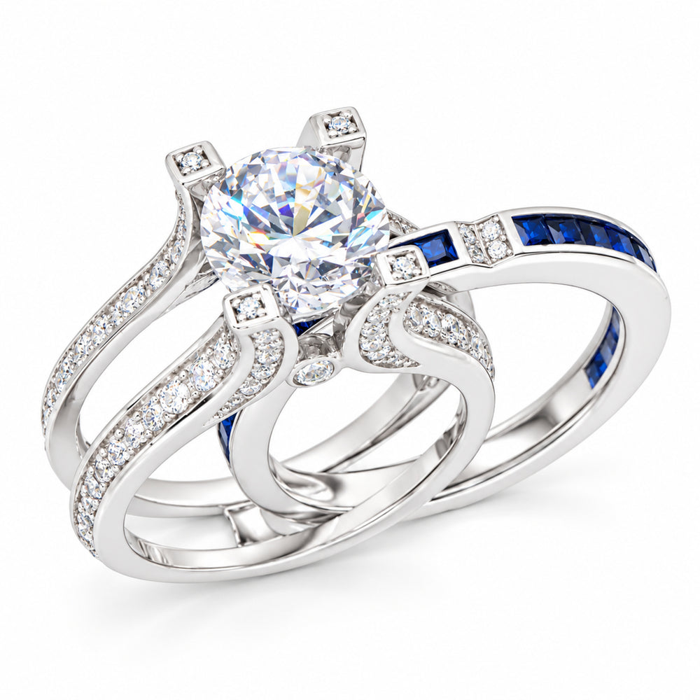 2 Carat Round Solitaire White Blue CZ Vintage Silver CZ Wedding Engagement Ring Set Size 7