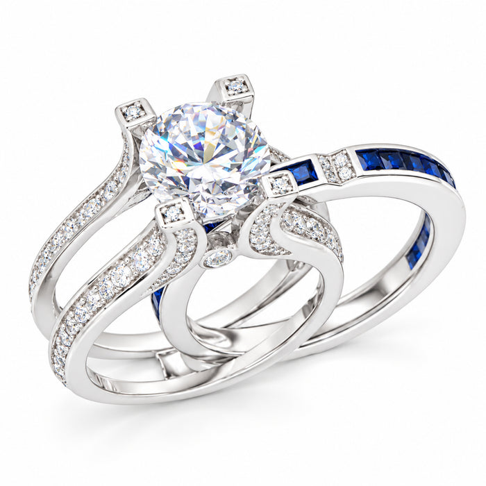 2 Carat Round Solitaire White Blue CZ Vintage Silver CZ Wedding Engagement Ring Set Size 7