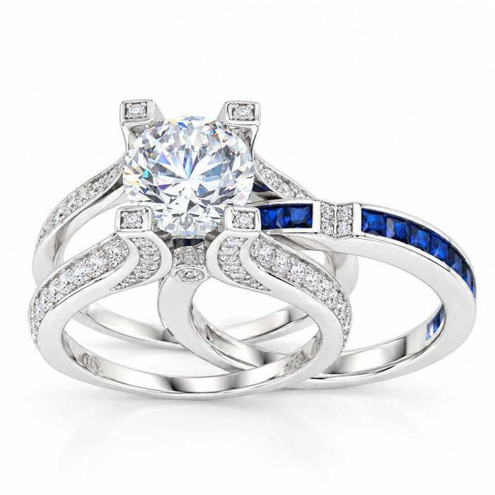 2 Carat Round Solitaire White Blue CZ Vintage Silver CZ Wedding Engagement Ring Set Size 7