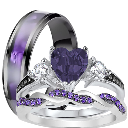 His Her Wedding Ring Set 3 Piece TRIO Silver Titanium Couples Bands