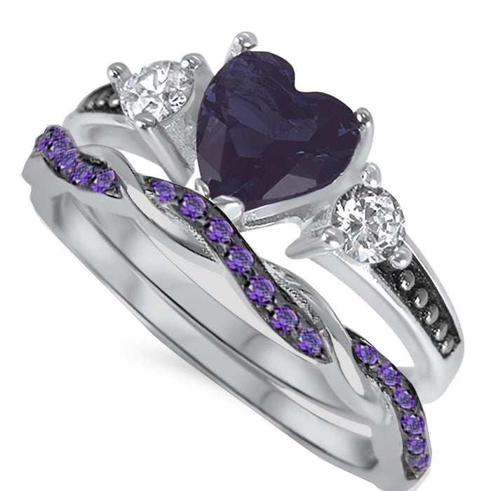 LaRaso & Co 1 Carat Heart Cut Purple Amethyst CZ Wedding Engagement Ring Set for Women Size 10