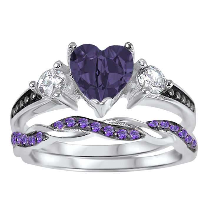 LaRaso & Co 1 Carat Heart Cut Purple Amethyst CZ Wedding Engagement Ring Set for Women Size 10