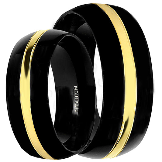 Front view of his and Hers Matching Black Ceramic Plated Comfort Fit Titanium Wedding Bands | Style 4393