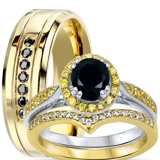 His and hers 3-piece black CZ wedding ring set with gold-plated sterling silver bridal rings and stainless steel men's band on white background