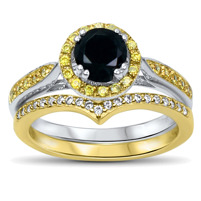 His Her Mixed Metal Wedding Ring Black Engagement Ring Set for Bride Groom