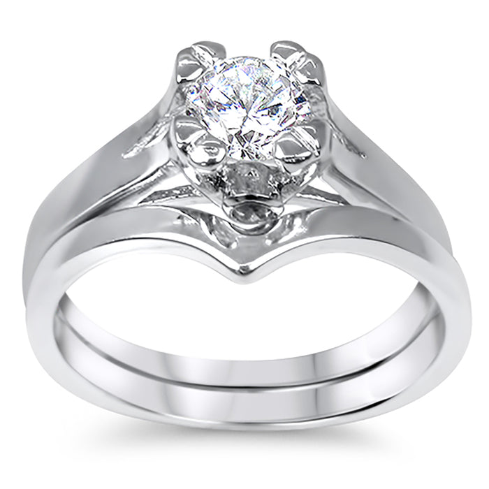 Sterling Silver Solitaire CZ Wedding Engagement Ring Set