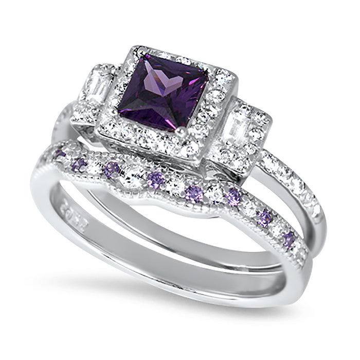 His Hers Wedding Rings Amethyst CZ Bridal Engagement Wedding Set Silver Titanium Bands Him Her 10/10