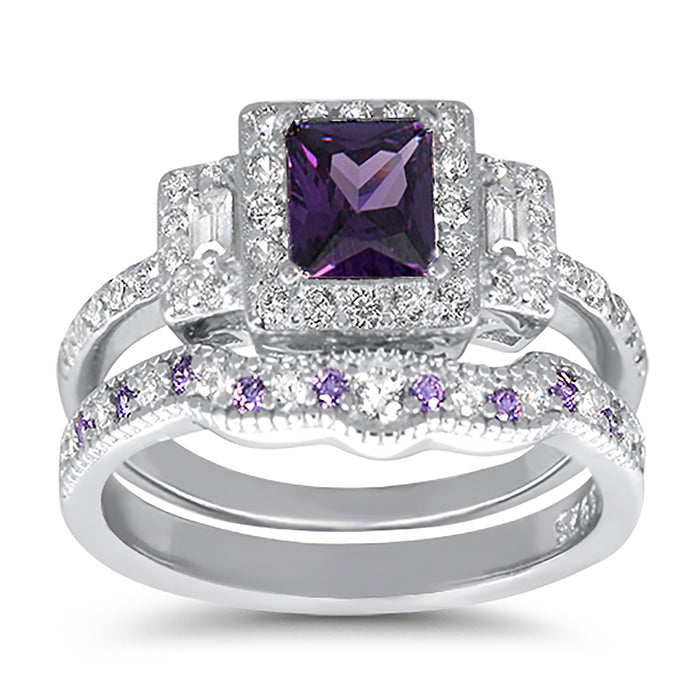 His Hers Wedding Rings Amethyst CZ Bridal Engagement Wedding Set Silver Titanium Bands Him Her 10/10