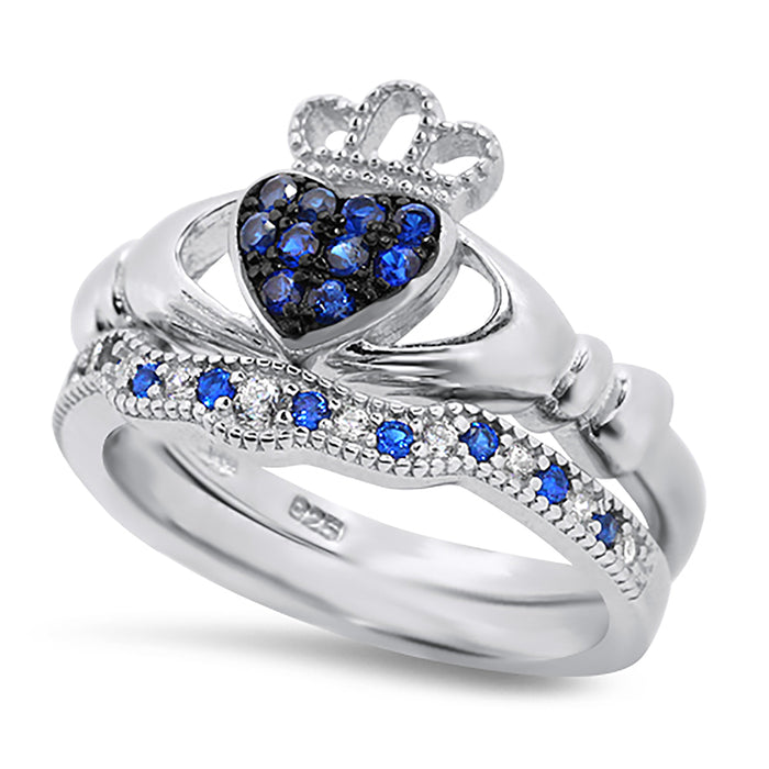 His Hers Wedding Set Blue CZ Simulated Sapphire Celtic Claddagh Bridal Couples Engagement Rings Sizes 10 10