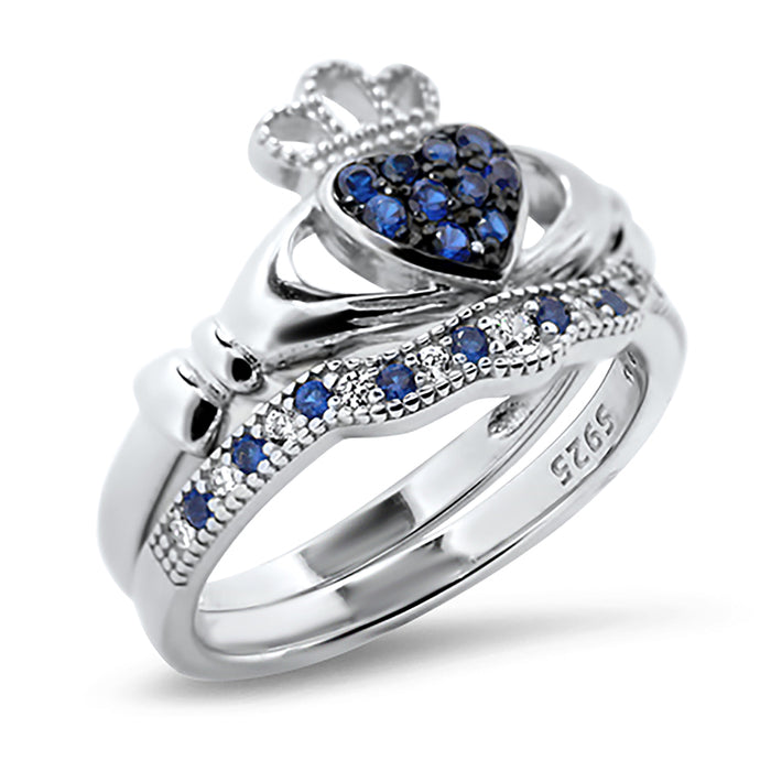 His Hers Wedding Set Blue CZ Simulated Sapphire Celtic Claddagh Bridal Couples Engagement Rings Sizes 10 10