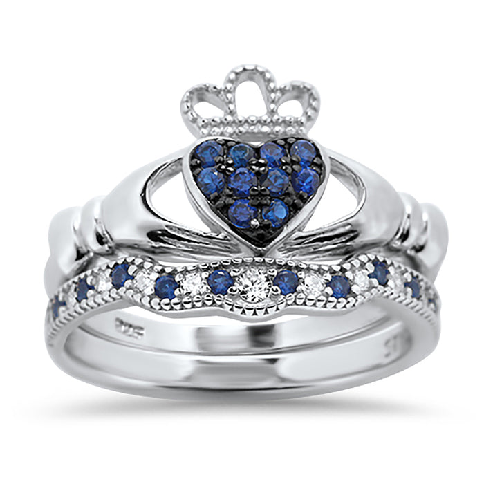 His Hers Wedding Set Blue CZ Simulated Sapphire Celtic Claddagh Bridal Couples Engagement Rings Sizes 10 10