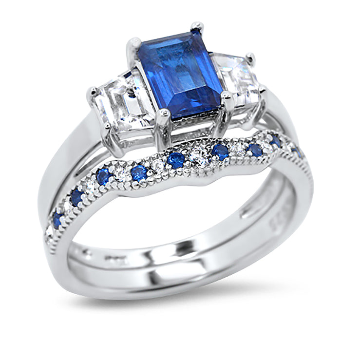 His Hers Wedding Rings Blue CZ Bridal Engagement Wedding Set Silver Steel Bands Him Her 10/10