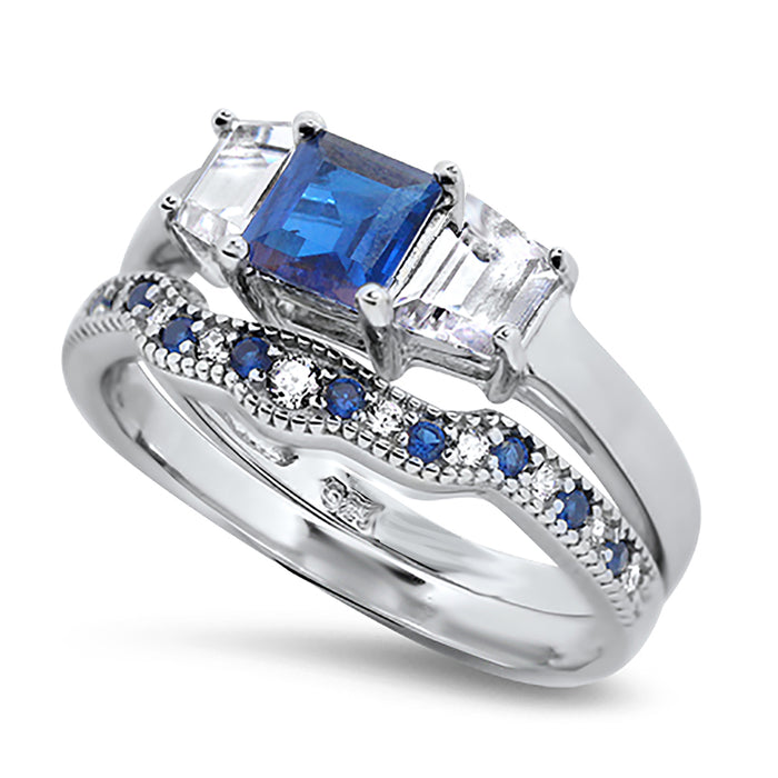 His Hers Wedding Rings Blue CZ Bridal Engagement Wedding Set Sterling Silver Bands Him Her