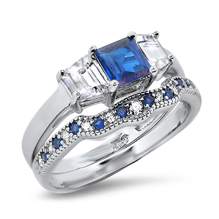 His Hers Wedding Rings Blue CZ Bridal Engagement Wedding Set Sterling Silver Bands Him Her
