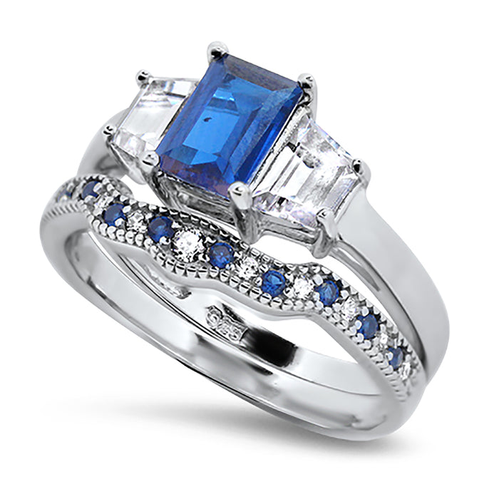 His Hers Wedding Rings Blue CZ Bridal Engagement Wedding Set Silver Steel Bands Him Her 10/10