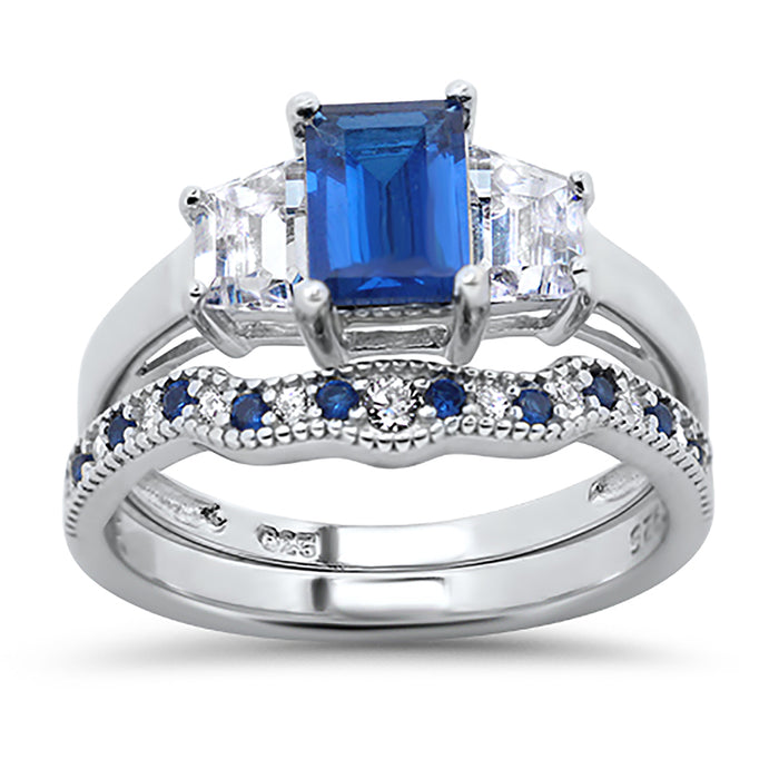 His Hers Wedding Rings Blue CZ Bridal Engagement Wedding Set Silver Steel Bands Him Her 10/10