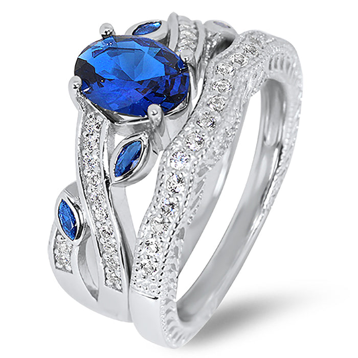 Oval Cut Sterling Silver Simulated Blue Sapphire Wedding Engagement Ring Set for Women