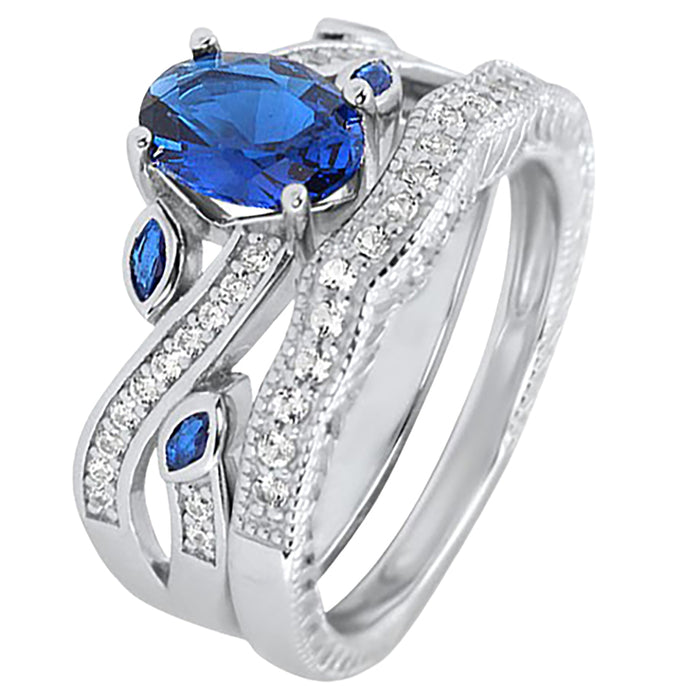 Oval Cut Sterling Silver Simulated Blue Sapphire Wedding Engagement Ring Set for Women