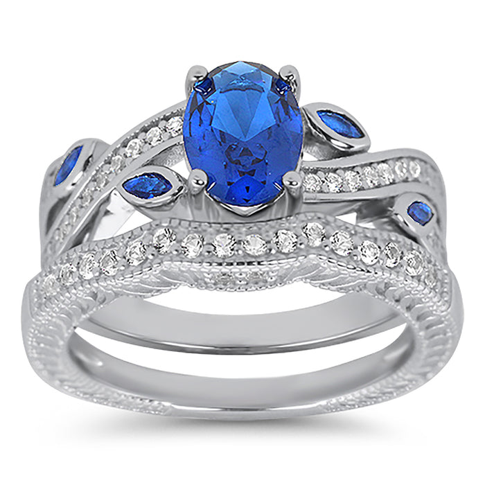 Oval Cut Sterling Silver Simulated Blue Sapphire Wedding Engagement Ring Set for Women